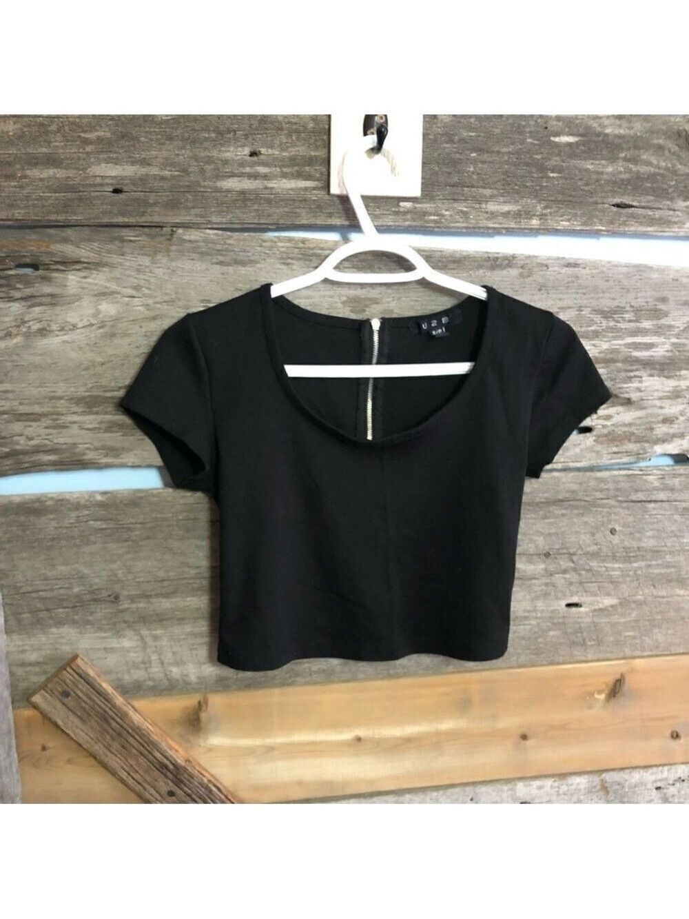 U2B Size Small Black Cropped, Scoop Neck, Back Zipper Top